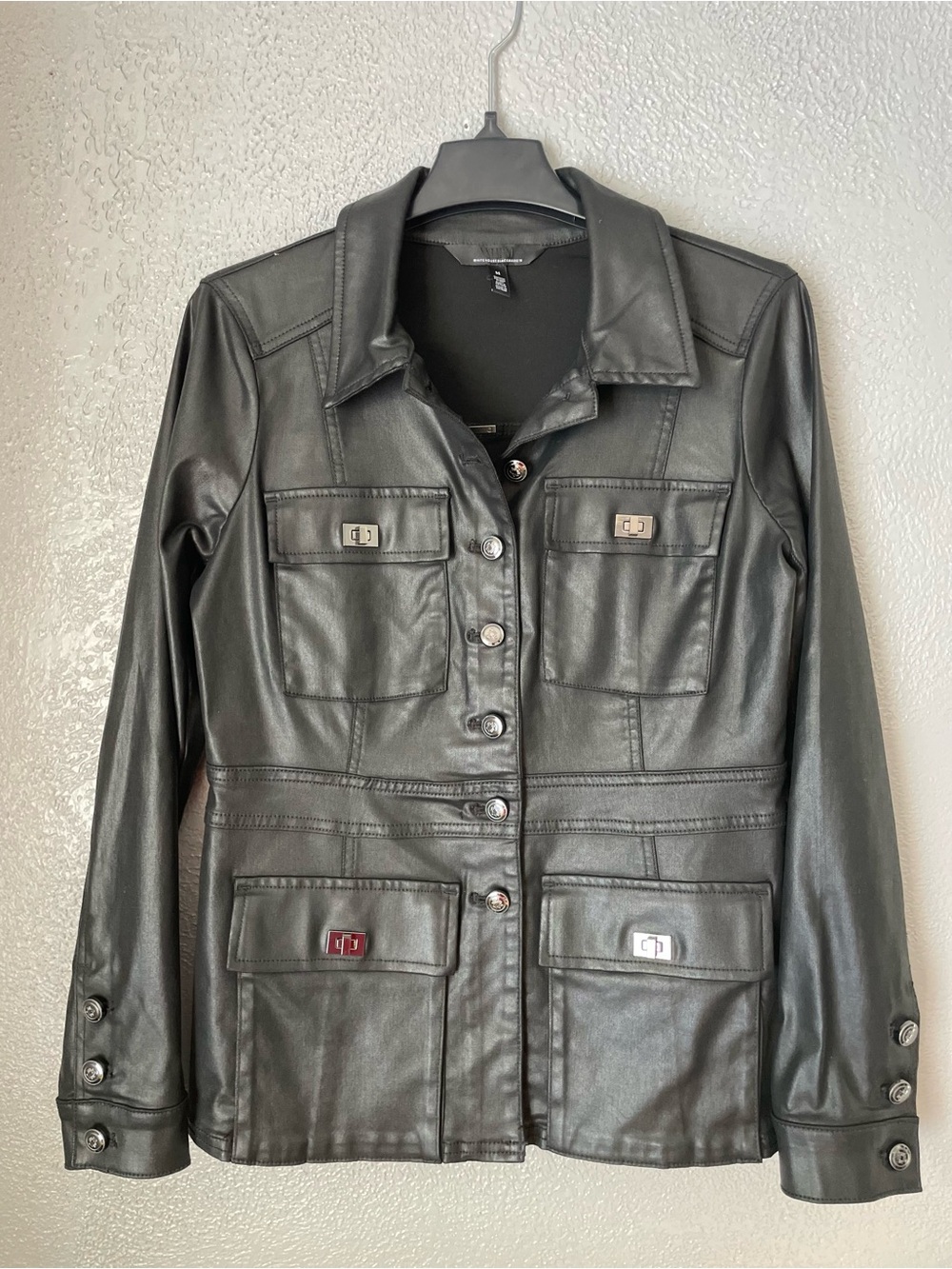 Women's Black  Vegan Leather Button-Front Jacket